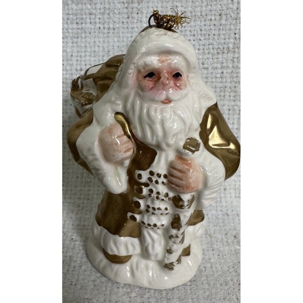 Set Of 4 White & Golden Santa Claus Ceramic Ornaments 4” Tall - Picture 4 of 6